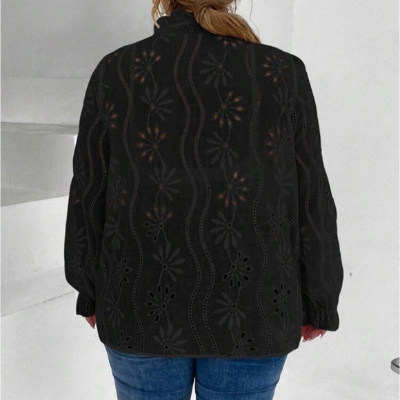 Boho Plus Size Embroidered Hollow Out Frilled Top Blouse Button Up Shirt Black - Picture 2 of 13